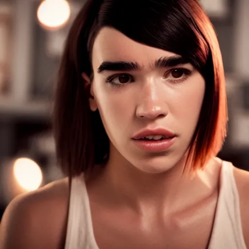 Prompt: movie still of cyborg dua lipa, cinematic composition, cinematic light, criterion collection, by edgar wright