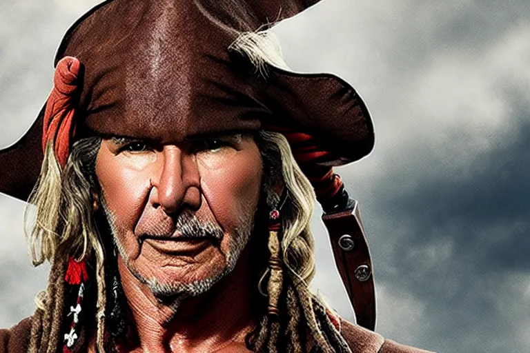 Image similar to promotional image of Harrison Ford as a pirate in the new Pirates of the Carribean movie, realistic, detailed face, movie still frame, promotional image, imax 70 mm footage