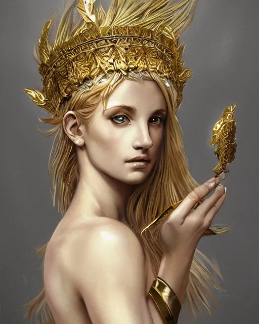 Image similar to front view of beautiful aphrodite greek goddess wearing a gold laurel wreath and triangle earrings, realism tattoo sketch, beautiful piercing eyes with sharp pupils, beautiful blonde hair, in the style of greg rutkowski, fantasy, amazing detail, epic, elegant, smooth, sharp focus