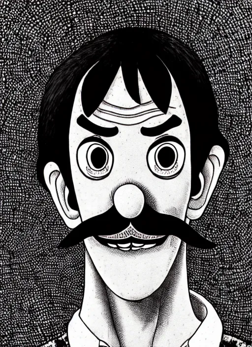 Prompt: portrait of waluigi, freckles, intricate, highly detailed, illustration, art by junji ito, junji ito