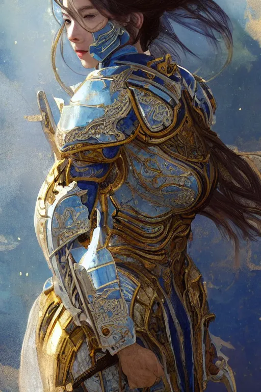 Image similar to portrait knights of Zodiac girl, Chinese Blue and white porcelain color reflected armor, in ruined Agora of Athens, ssci-fi, fantasy, intricate, very very beautiful, elegant, golden light, highly detailed, digital painting, artstation, concept art, smooth, sharp focus, illustration, art by tian zi and WLOP and alphonse mucha