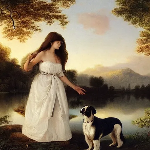 Image similar to two beautiful girls wearing white dresses beautiful faces a dog john martin landscape lake evening