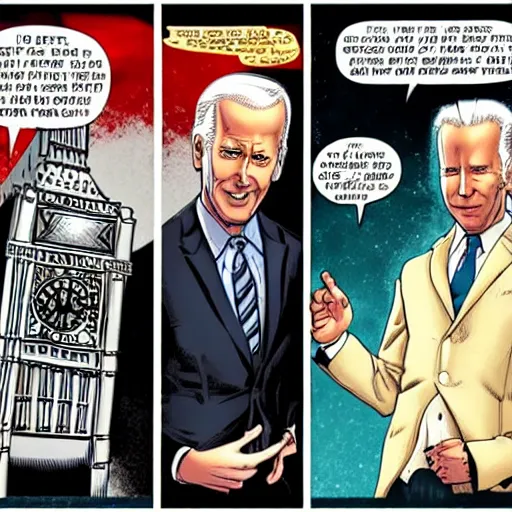 Image similar to marvel comic of The Tenth Doctor standing next to Joe Biden looking at Big Ben