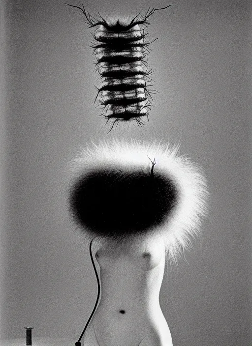 Prompt: realistic object photo of body made of black and white ping pong balls, hairy fluffy caterpillars, readymade, dadaism, fluxus, man ray, x - ray, electronic microscope 1 9 9 0, life magazine photo