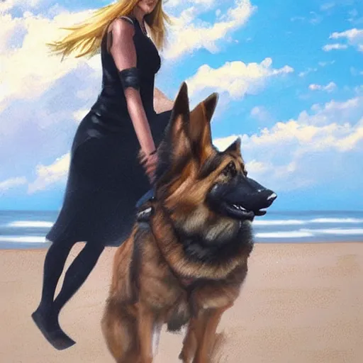 Image similar to girl riding a giant German shepherd at the beach, trending on artstation