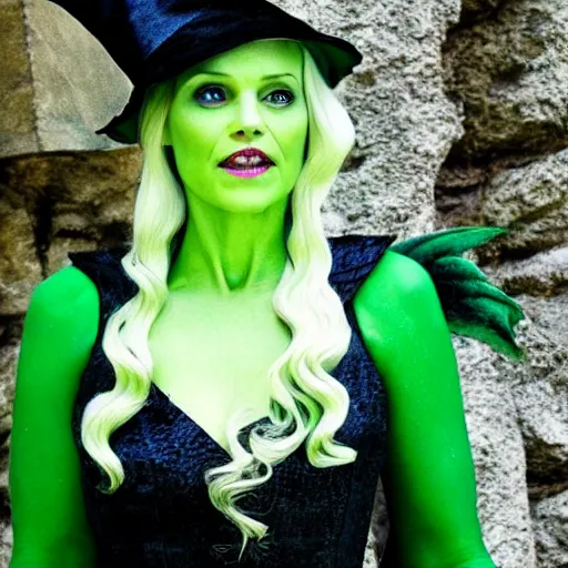 Image similar to the wicked witch of the game of thrones, green skin, witch hat, dragons