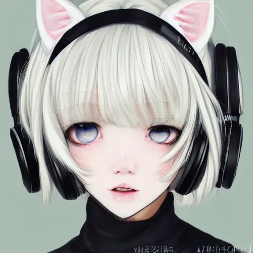 Image similar to realistic detailed semirealism beautiful gorgeous buxom hot girl natural cute excited happy realistic Blackpink Lalisa Manoban white hair white cat ears blue eyes, wearing apron, headphones, black leather choker realistic artwork drawn full HD 4K high resolution quality artstyle professional artists WLOP, Aztodio, Taejune Kim, Guweiz, Pixiv, Instagram, Artstation