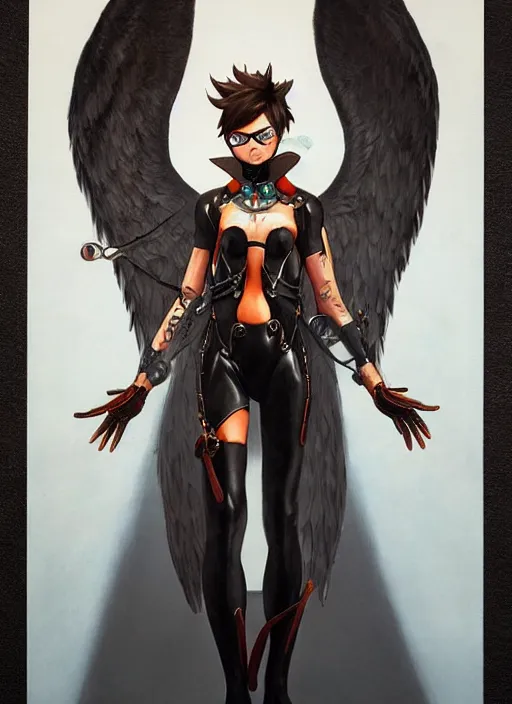 Image similar to full body artwork of tracer overwatch wearing leather collar in style of zdzisław beksinski, angel wings, dramatic painting, symmetrical composition, wearing detailed leather collar, black shiny armor, chains, black harness, detailed face and eyes,