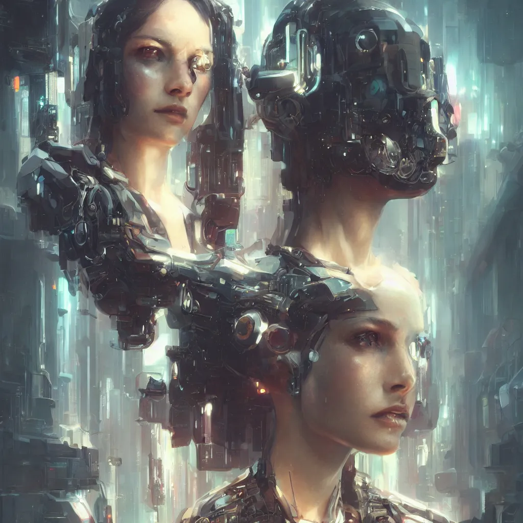 Prompt: a portrait of a cyberpunk beautiful young woman by Greg Rutkowski, biomechanical,highly detailed portrait, Blade Runner background, futuristic, digital engine, luminous