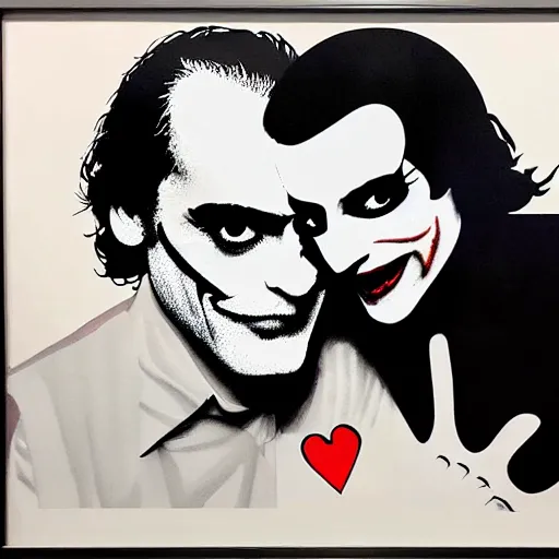 Image similar to richard hamilton and mimmo rottela and banksy as joaquin phoenix skinny joker holding hand lady gaga harley queen, ultra photorealistic, intricate details, pop art style, concept art, ultrarealistic, 3 colors, 4 k, smooth, sharp focus