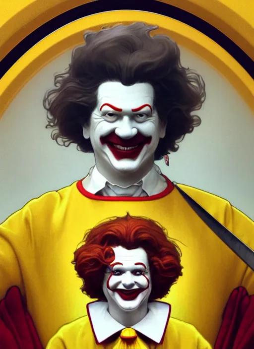 Image similar to close up portrait of ronald mcdonald, yellow jumper with white collar, chicken mcnuggets throne room by artgerm, cushart krenz, greg rutkowski, mucha. art nouveau. gloomhaven, golden arches logo, pale colors, sharp edges. ultra clear detailed. 8 k. elegant, intricate, octane render