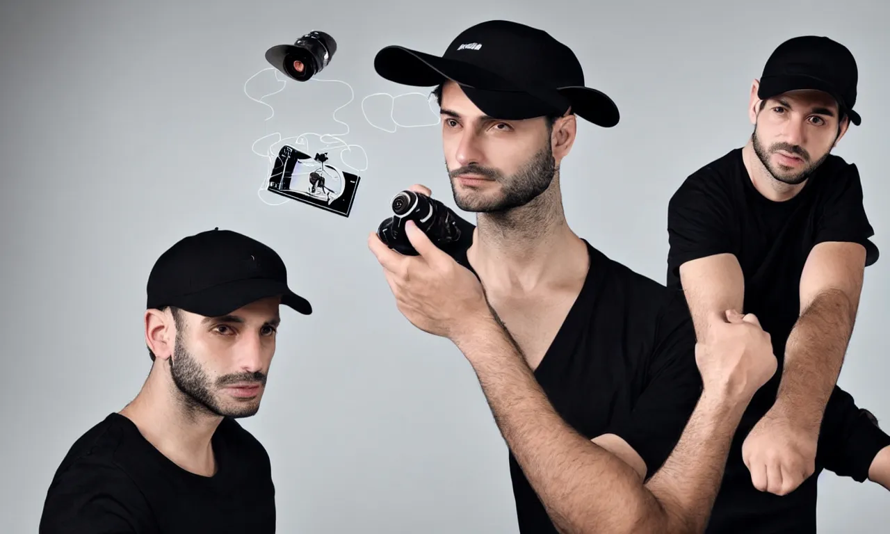 Prompt: handsome italian man wearing black baseball cap and tshirt uses telepathy to control a floating camera. cinematic. studio lighting. intricate details. high quality