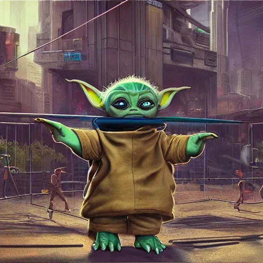 Prompt: masterful digital art, eye - level view, medium - shot, baby yoda is at the busy school playground in a cyberpunk city. baby yoda smiles and plays on a swing set. golden hour. realism, detailed, depth, chiaroscuro, limited color palette. in the background some balloons float in the sky. mandalorian ( tv ).