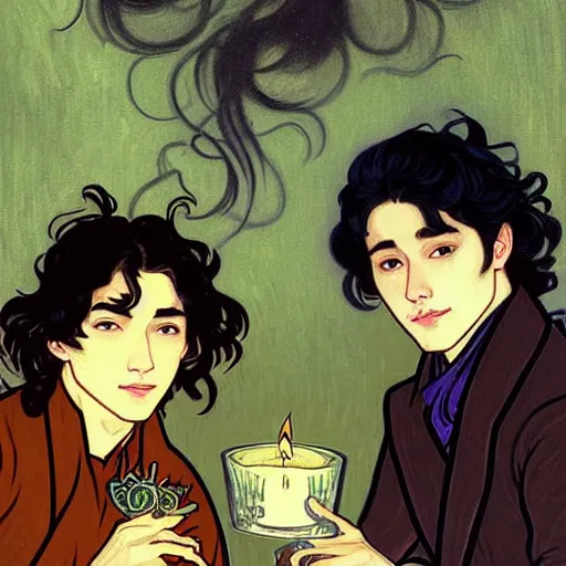 Image similar to painting of young cute handsome beautiful dark medium wavy hair man in his 2 0 s named shadow taehyung and cute handsome beautiful min - jun together at the halloween! party, bubbling cauldron!, candles!, smoke, autumn! colors, elegant, wearing suits!, clothes!, delicate facial features, art by alphonse mucha, vincent van gogh, egon schiele