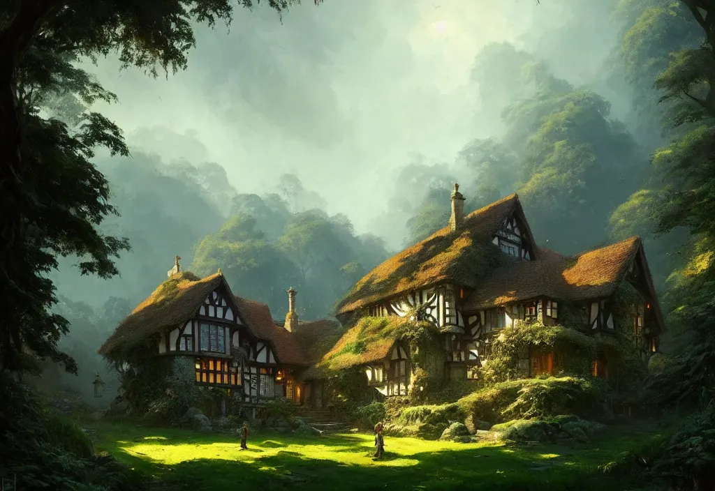 Prompt: a tudor house on a hillside surrounded by jungle with a gravel path leading towards it, blue sky, cinematic view, detailed architecture, concept art, high detail, well lit, volumetric, godrays, vivid, trending on artstation, by jordan grimmer, art greg rutkowski