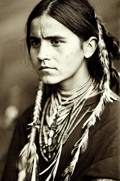 Image similar to “Photo of Native American indian woman Emma Watson, portrait, skilled warrior of the Chiricahua Apache, Lozen was the sister of Victorio a prominent Chief, showing pain and sadness on her face, ancient, realistic, detailed, emma watson”