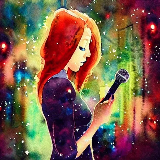 Image similar to “album cover very beautiful watercolor painting of redhead girl singing in a magic forest in a cyberpunk pixelsorting style”