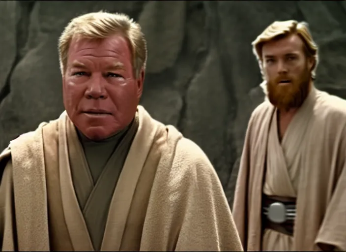 Image similar to young william shatner as obi - wan kenobi, wearing a robe, in star wars : the force awakens ( 2 0 1 5 ). movie still