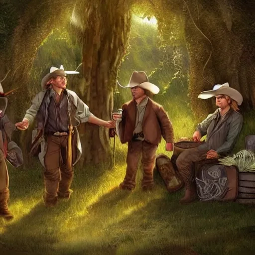 Image similar to hobbits wearing cowboy hats hiring under a tree from wraiths, artstation digital art