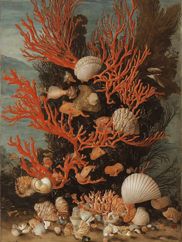 Image similar to Wan-li Vase of Coral under the sea, with shells and fish, Ambrosius Bosschaert the Elder, oil on canvas