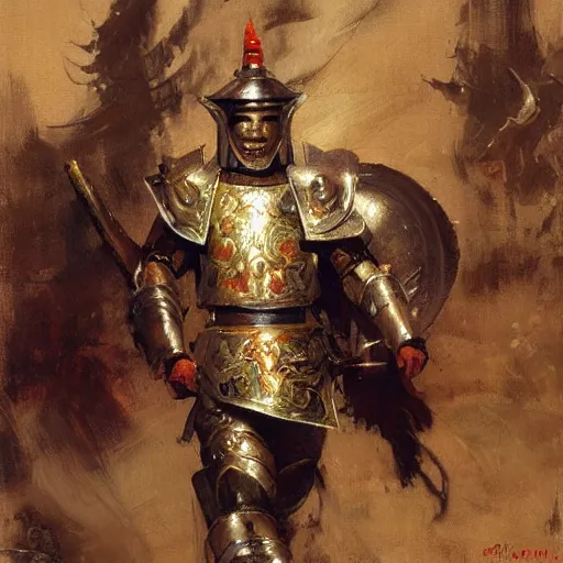 Image similar to a man wearing chinese armor, muscular, painting by Gaston Bussiere, Craig Mullins