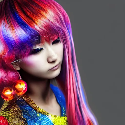 Image similar to japanese model with maximalist hair style and makeup, bright colors, fashion model, portrait shot, glitter, depth of field, 8 k, hyper detailed, intricate, trending on artstation