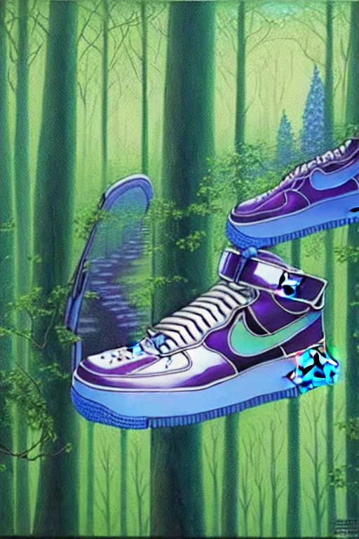 Image similar to realistic detailed painting of a pair of nike air force one sneakers, futuristic sci-fi forest on background by Moebius, rich moody colours, blue eyes