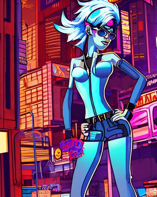 Image similar to cel shaded art of a pretty blue haired girl, jet grind radio graphics, cyberpunk city street background