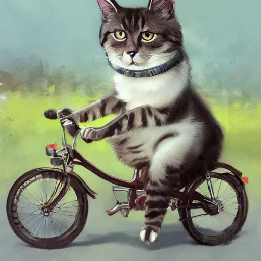 Image similar to head and shoulders masterpiece portrait of cute cat riding a bicycle, surreal background, digital art by Krenz Cushart, trending on artstation, cgsociety,