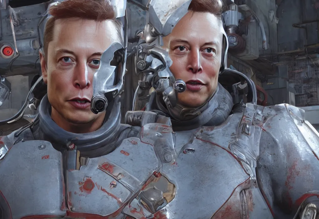 Prompt: a screenshot of elon musk in the video game in fallout 4, close up, 3 d rendering. unreal engine. amazing likeness. very detailed.