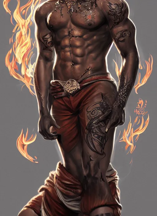 Image similar to a highly detailed illustration of attractive young african guy with flat top hair with flaming tattoos, dramatic standing pose, intricate, elegant, highly detailed, centered, digital painting, artstation, concept art, smooth, sharp focus, league of legends concept art, wlop