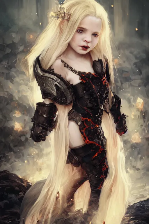 Prompt: a blonde vampire girl, child, freckles, smiling, fangs, messy curly hair, dark leather armor, onyx sword, flames in the background, embers intricate and very beautiful and elegant, highly detailed, digital painting, artstation, concept art, smooth and sharp focus, cg by tian zi and wlop and alphonse mucha