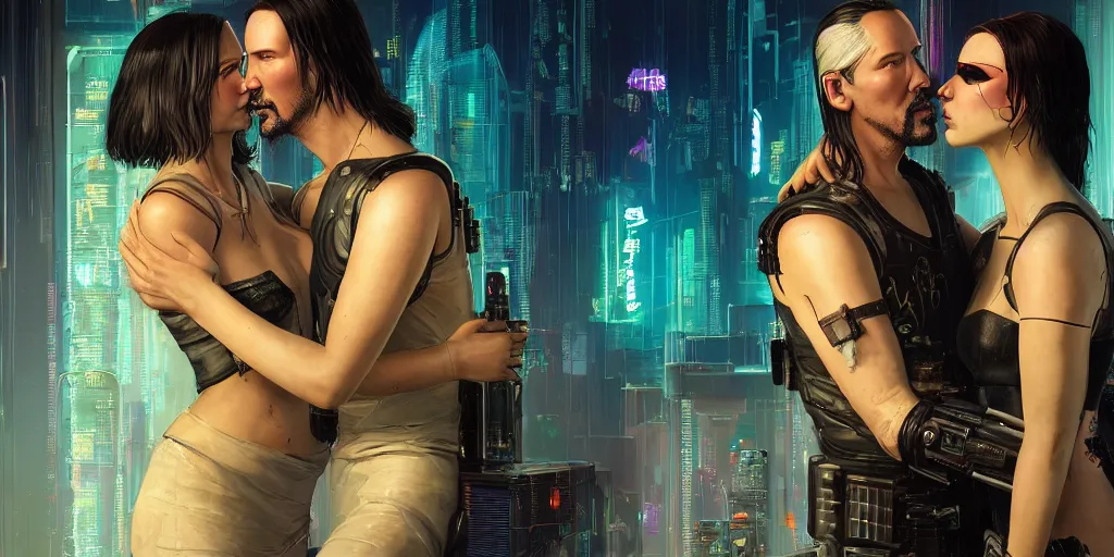 Image similar to a cyberpunk 2077 srcreenshot couple portrait of Keanu Reeves and a female android in final kiss,love,film lighting,by Lawrence Alma-Tadema,Andrei Riabovitchev,Laurie Greasley,Dan Mumford,John Wick,Speed,Replicas,artstation,deviantart,FAN ART,full of color,Digital painting,face enhance,highly detailed,8K,octane,golden ratio,cinematic lighting