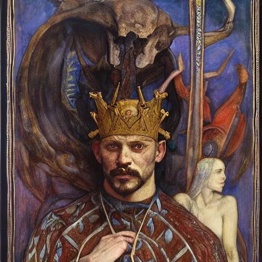 Prompt: the masked prince wearing the bone crown, by Annie Swynnerton and Diego Rivera and Elihu Vedder, symbolist, dramatic lighting, elaborate geometric ornament, tattoos, Art Brut, soft cool colors,smooth, sharp focus, extremely detailed, Adolf Wölfli and Donato Giancola