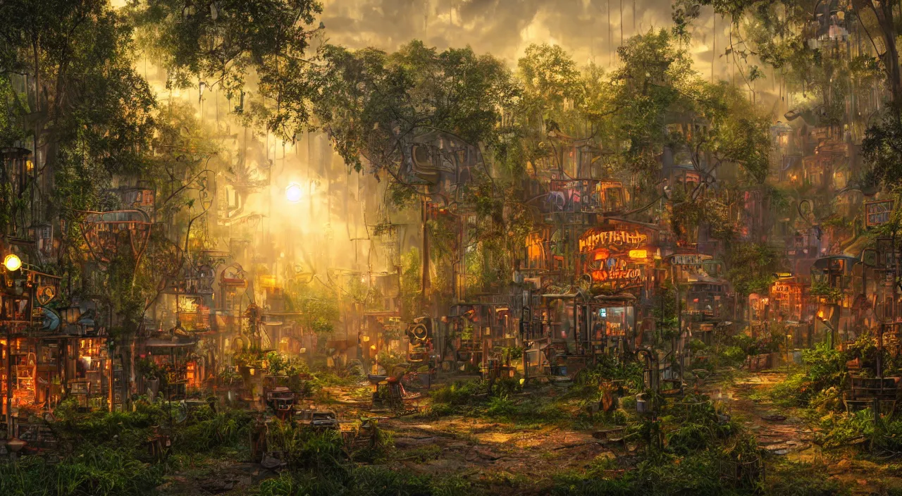 Image similar to a steampunk village in a forest at sunset, suns rays, rain, lush vegetation, junk everywhere, neon signs, magical atmosphere, mist, photo realistic, 35mm, octane render, 8k, guido borelli da caluso