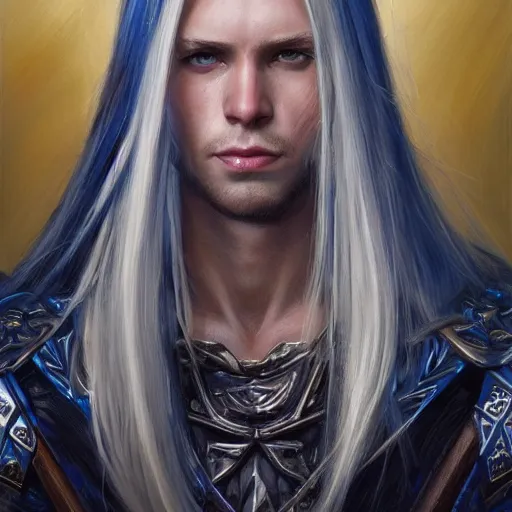 Image similar to 2 7 year old male with blue eyes and long straight blonde hair as a fantasy d & d character, closeup portrait art by donato giancola and greg rutkowski, realistic face, clean shaven, feminine features, digital art, trending on artstation, symmetry!!