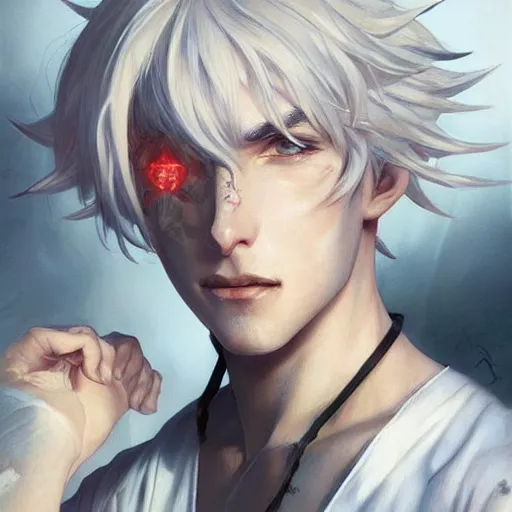 Prompt: generic emotionally distant white - haired anime boy with questionable morals and even more questionable taste in tattoos, highly detailed, sharp focus, artstation, digital painting, by artgerm and greg rutkowski and alphonse mucha