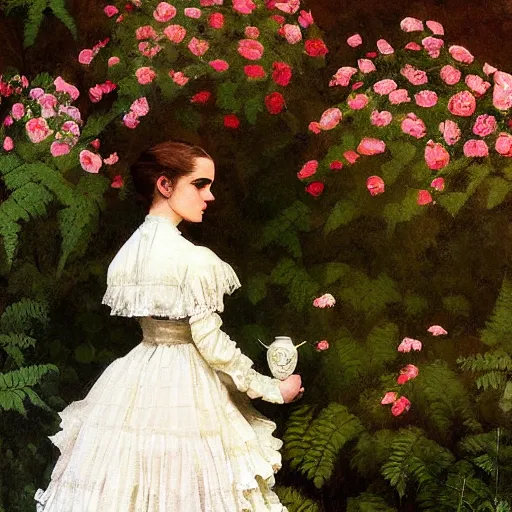 Image similar to painting on wall full body fashion model emma watson by Winslow Homer smokey eyes makeup eye shadow fantasy, glow, shimmer as victorian woman in a long white frilly lace dress and a large white hat having tea in a sunroom filled with flowers, roses and lush fern flowers ,intricate, night, highly detailed, dramatic lighting , high quality