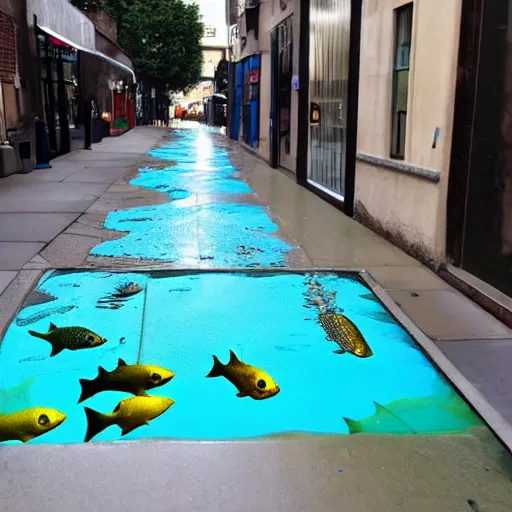 Image similar to a liquid sidewalk with a group of fish swimming inside it