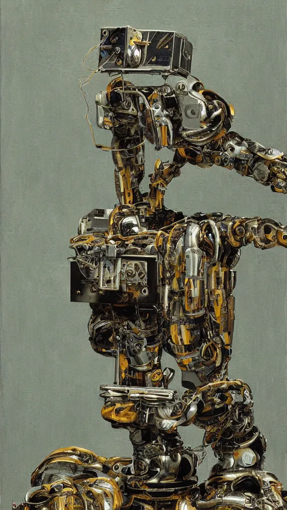 Image similar to robot painting a robot on canvas, intricate, highly detailed, photorealistic, film still, by hans thoma.