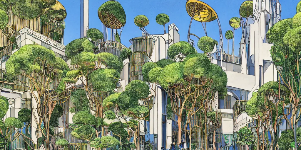 Image similar to masterpiece, graphic illustration of afro futurist florence courtyard designed by by frank lloyd wright architect, plants and trees on walkways low buildings, green energy, bicycles,, bill sienkiewicz, giant agapanthus flower from buildings wide angle, insanely detailed and intricate