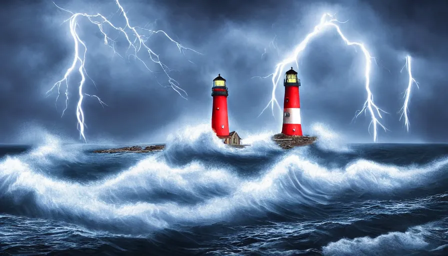 Image similar to a lighthouse being struck by lightning out at sea, digital art, highly detailed, realistic, bright colors, 8 k