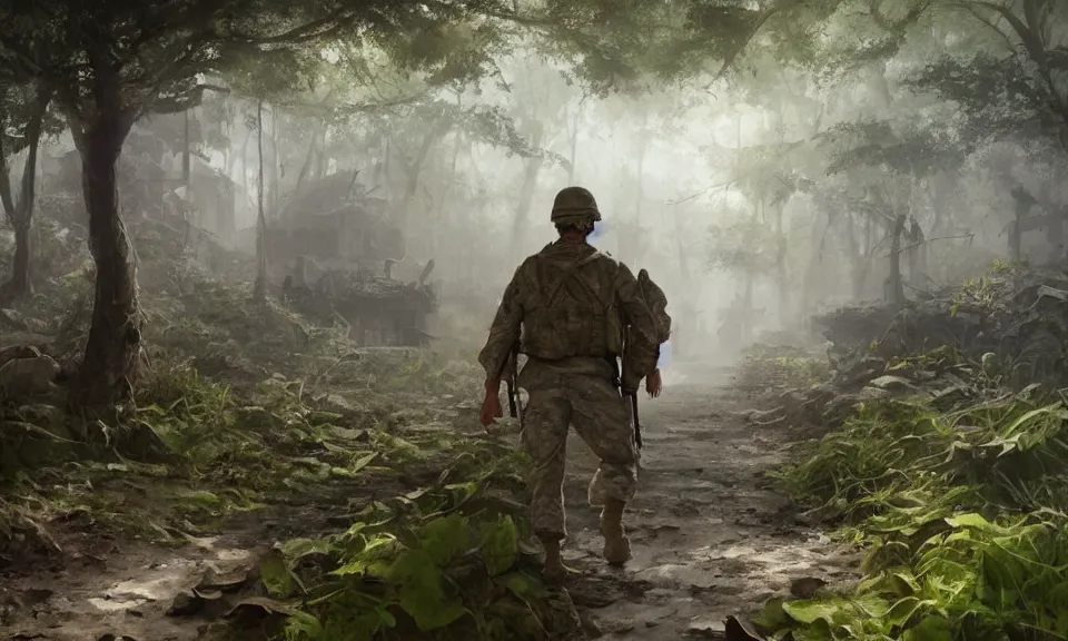 Image similar to Futuristic matte painting of a US soldier in the Vietnam War walking through an abandoned Vietcong village, volumetric light scattering, highly detailed, digital art, Andreas Rocha, Greg Rutkowski, Darek Zabrocki, ArtStation, CGSociety, Unreal Engine, 4K, 8K