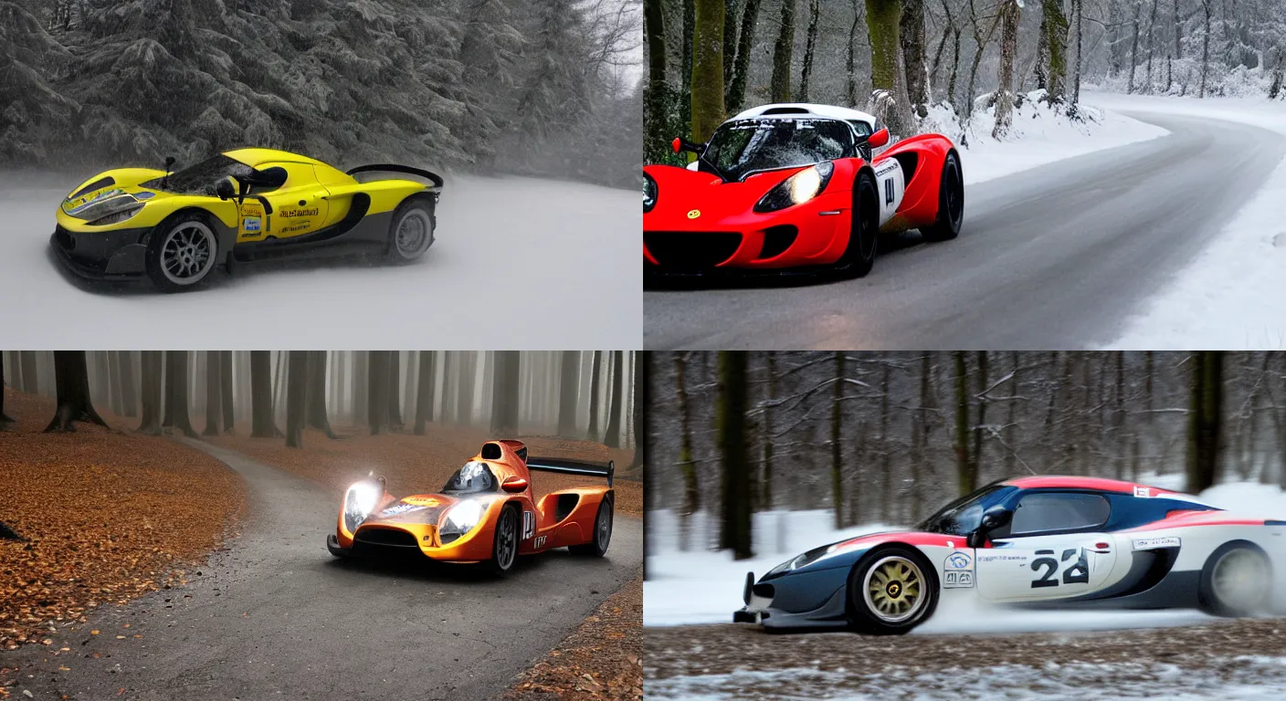 Prompt: a 2 0 0 9 lotus 2 - eleven, racing through a rally stage in a snowy forest