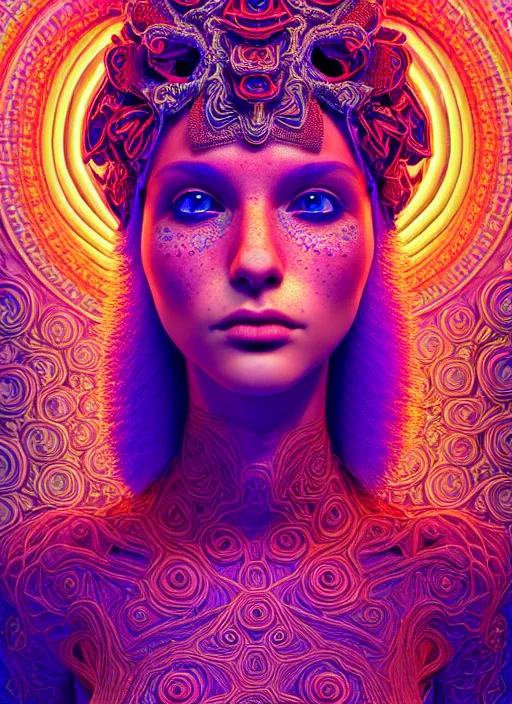 Image similar to absurdly beautiful, fashionable young woman, fourth dimension, psychedellic, ayahausca, tryptamine, hyperdetailed illustration by irakli nadar and alexandre ferra, intricate linework, unreal engine 5 highly rendered, global illumination, radiant light, detailed and intricate environment