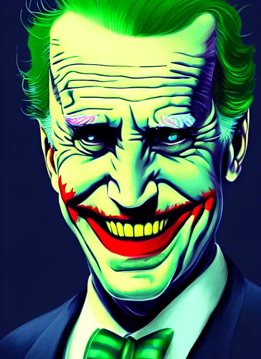 Image similar to portrait of joe biden as the joker, green hair, intricate, elegant, glowing lights, highly detailed, digital painting, artstation, concept art, sharp focus, illustration, art by wlop, mars ravelo and greg rutkowski