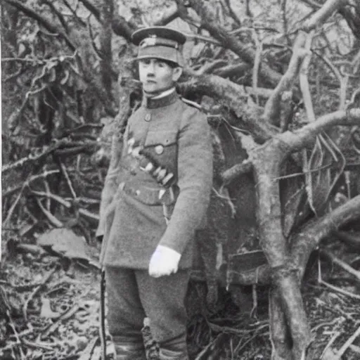 Image similar to a guinea pig wearing a Russian ww1 uniform surrounded by dead trees, grainy black and white photograph