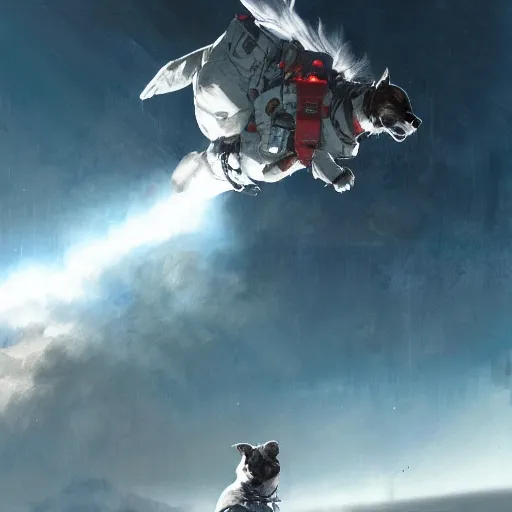 Image similar to chihuahua flying to the moon, dramatic lighting, illustration by greg rutkowski, yoji shinkawa, 4 k, digital art, concept art, trending on artstation