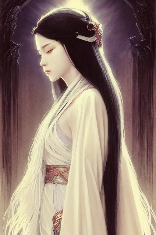 Image similar to Kaguya Ōtsutsuki, long white hair, white robe, D&D, fantasy, intricate, elegant, highly detailed, digital painting, artstation, concept art, matte, sharp focus, illustration, art by Artgerm and Greg Rutkowski and Alphonse Mucha