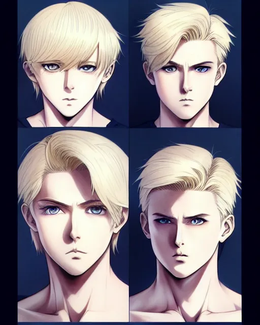 Image similar to portrait Anime Blonde Guy Short Hair Sharp fine face, pretty face, realistic shaded Perfect face, fine details. Anime. by makoto sinkai, katsuhiro otomo ghost in the shell movie scene, magali villeneuve, artgerm, rutkowski symmetrical, symmetrical features, coherent face-features